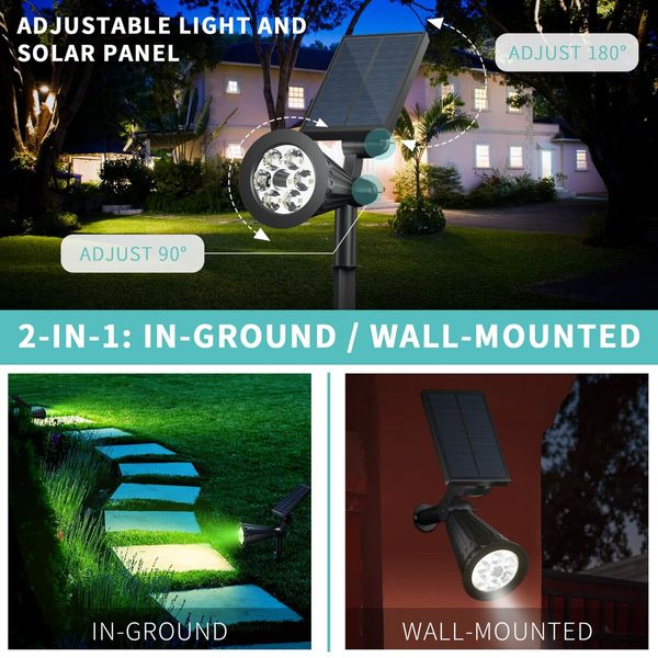 2 Pack Solar Lights Outdoor Garden Landscape Spotlights Waterproof Auto/Adjustable 2-in-1 RGB Bright and Dark Sensing Changing & Fixed Color for Yard Pathway