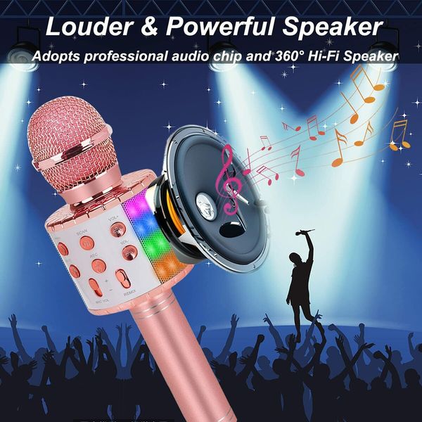 Bluetooth Karaoke Microphone for Kids Adults,Portable Wireless Singing Karaoke Mic Machine with Led Light,Birthday Gifts Toys,Rose Gold