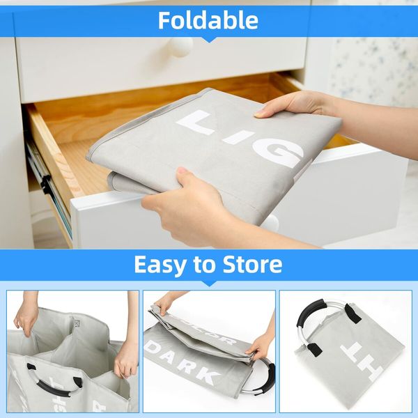 90L 60x32x49cm Accordion Sorter 3 Mesh Bags Laundry  Dirty Clothes Divided Laundry Basket with aluminum handle Col.Lt Gray