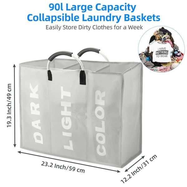 90L 60x32x49cm Accordion Sorter 3 Mesh Bags Laundry  Dirty Clothes Divided Laundry Basket with aluminum handle Col.Lt Gray