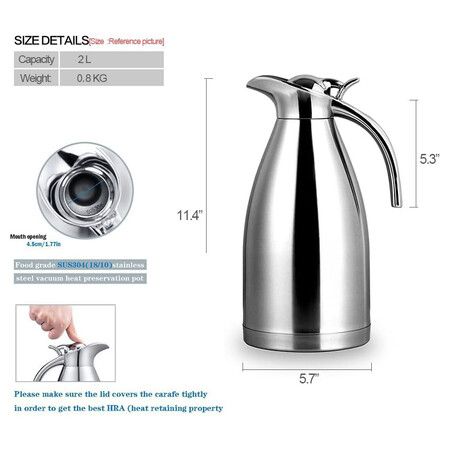 Stainless Steel Thermal Carafe - Double Walled Thermos - Coffee/Tea Carafe, Hot and Cold Retention - 2 Liter