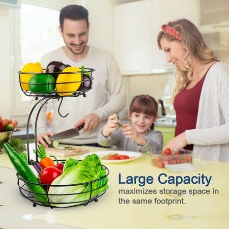 2-Tier Countertop Fruit Vegetables Basket Bowl Storage With Banana Hanger, Black