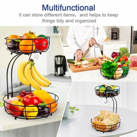 2-Tier Countertop Fruit Vegetables Basket Bowl Storage With Banana Hanger, Black