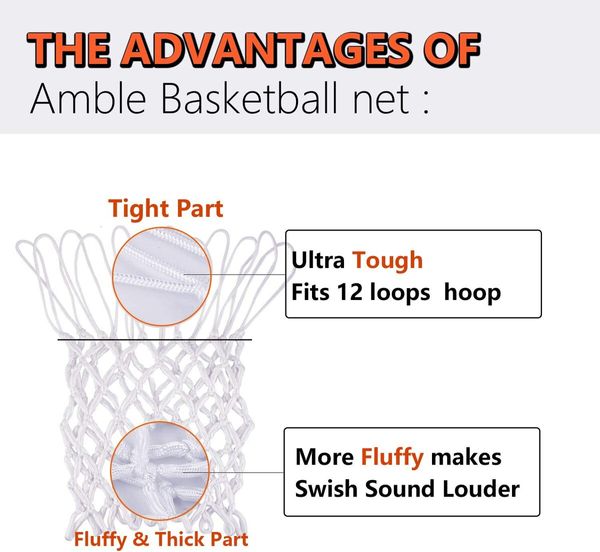 Basketball Net Replacement Heavy Duty Net in All Weather for Indoor and Outdoor - 12 Loops Rim (White)