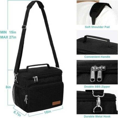 Insulated Lunch Bag for Women/Men - Reusable Lunch Box for Office Work School Picnic Beach - Leakproof Cooler Tote Bag Freezable Lunch Bag with Adjustable Shoulder Strap - Black