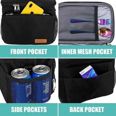 Insulated Lunch Bag for Women/Men - Reusable Lunch Box for Office Work School Picnic Beach - Leakproof Cooler Tote Bag Freezable Lunch Bag with Adjustable Shoulder Strap - Black