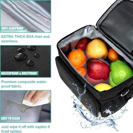 Insulated Lunch Bag for Women/Men - Reusable Lunch Box for Office Work School Picnic Beach - Leakproof Cooler Tote Bag Freezable Lunch Bag with Adjustable Shoulder Strap - Black