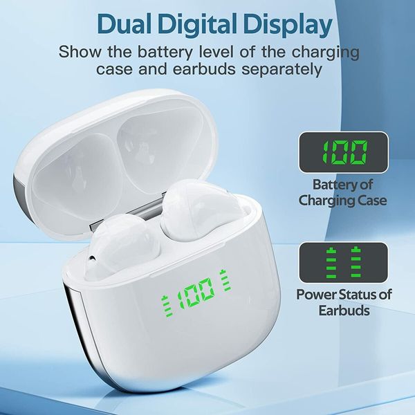 Bluetooth Headphones 5.3 Wireless Earbuds 50Hrs Playback with Wireless Charging Case & Dual Power Display Waterproof Immersive Stereo Sound with Mic for iOS Android White