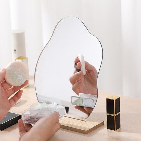 Rregular Asymmetrical Mirror with Stand,Desktop Decor Travel Mirror, Wood Base Home Decorative Mirror for Bedroom