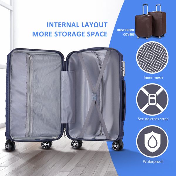 Luggage Set Carry On Suitcase 3PCS Travel PP Lightweight Rolling Spinner Wheels TSA Lock Double Zipper Aluminium Trolley Royal Blue