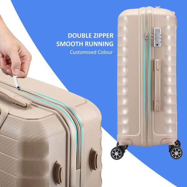 Carry On Suitcase Travel Luggage Hard Set 3 PCS PP Lightweight Rolling Aluminium Trolley Spinner Wheels TSA Lock Double Zipper Champagne