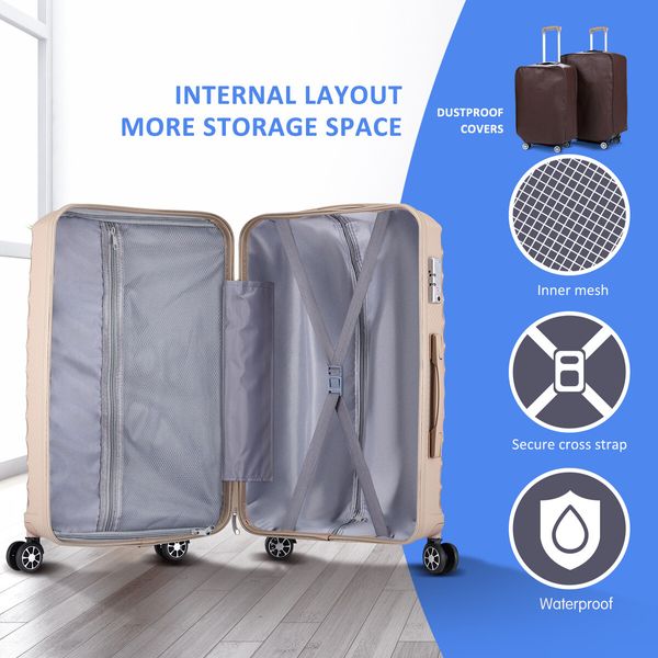 Carry On Suitcase Travel Luggage Hard Set 3 PCS PP Lightweight Rolling Aluminium Trolley Spinner Wheels TSA Lock Double Zipper Champagne