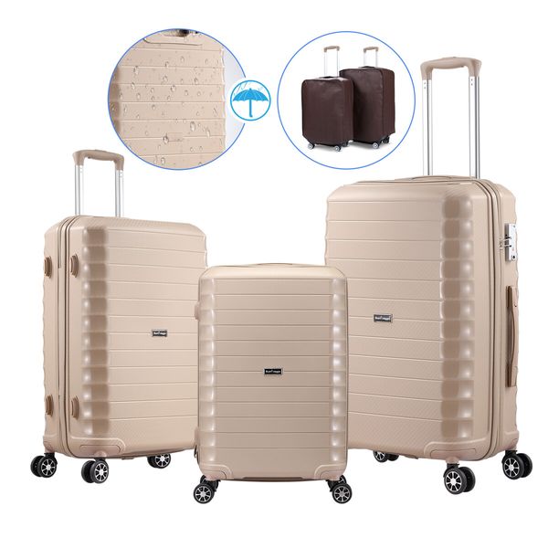 Carry On Suitcase Travel Luggage Hard Set 3 PCS PP Lightweight Rolling Aluminium Trolley Spinner Wheels TSA Lock Double Zipper Champagne