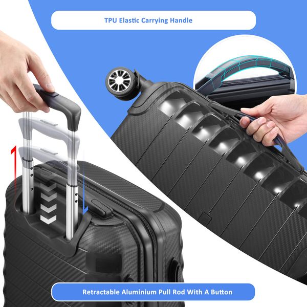 Carry On Luggage Travel Suitcase Set 3 PCS PP Hard Rolling Lightweight Aluminium Trolley Spinner Wheels Double Zipper TSA Lock Black