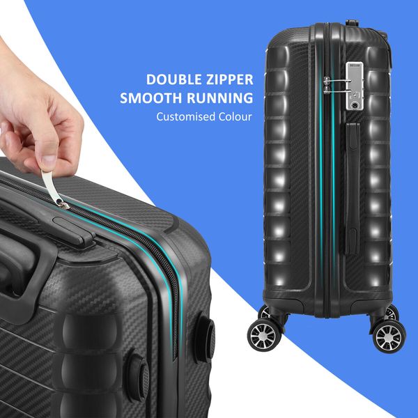 Carry On Luggage Travel Suitcase Set 3 PCS PP Hard Rolling Lightweight Aluminium Trolley Spinner Wheels Double Zipper TSA Lock Black