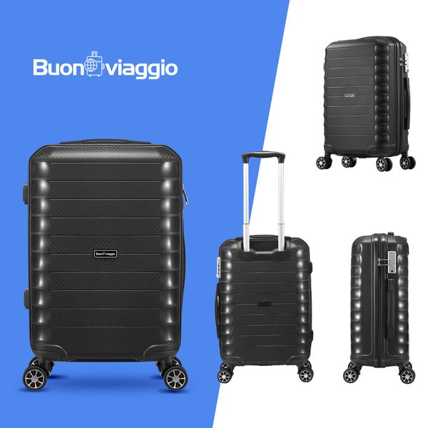 Carry On Luggage Travel Suitcase Set 3 PCS PP Hard Rolling Lightweight Aluminium Trolley Spinner Wheels Double Zipper TSA Lock Black