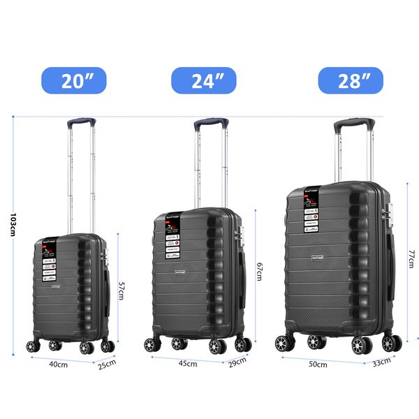 Carry On Luggage Travel Suitcase Set 3 PCS PP Hard Rolling Lightweight Aluminium Trolley Spinner Wheels Double Zipper TSA Lock Black