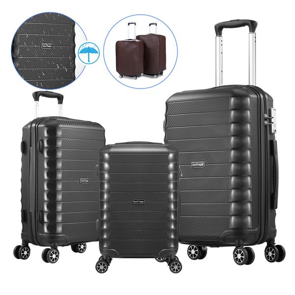 Carry On Luggage Travel Suitcase Set 3 PCS PP Hard Rolling Lightweight Aluminium Trolley Spinner Wheels Double Zipper TSA Lock Black