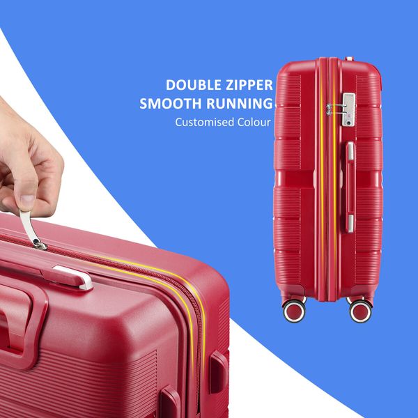 Carry On Luggage Set 3 PCS PP Rolling Travel Suitcase Hard Lightweight Double Zipper Spinner Wheels Aluminium Trolley TSA Lock Red