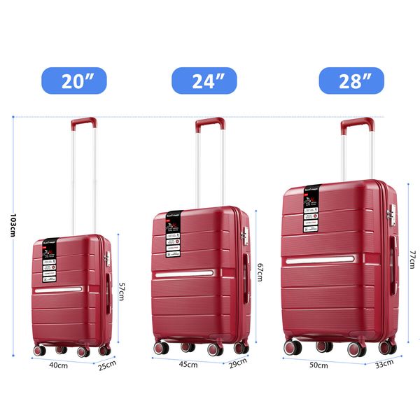 Carry On Luggage Set 3 PCS PP Rolling Travel Suitcase Hard Lightweight Double Zipper Spinner Wheels Aluminium Trolley TSA Lock Red