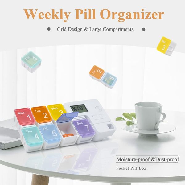 Weekly Pill Organizer, Automatic Pill Dispenser Elderly, 7 Day Pill Box with 4 Alarm Reminder, Detachable and Portable Travel Pill Dispenser