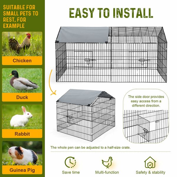 Chicken Run Coop Rabbit Hutch Dog Cat Enclosure Crate Kennel Pen Pet Cage Playpen Chook Puppy Ferret Bunny House Roof Cover Metal XL