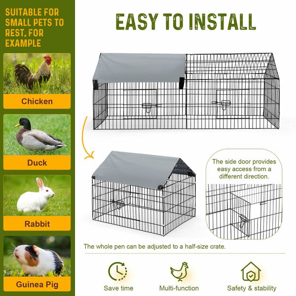 Chicken Coop Run Rabbit Hutch Cat Dog Enclosure Crate Pet Cage Playpen Chook Pen Puppy Ferret Bunny House Kennel Roof Cover Metal L Size