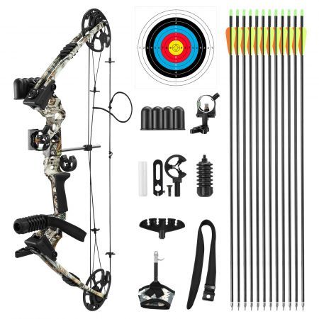 Compound Bow Arrow Set Archery Sports Hunting Target Shooting RH 20-70lbs Adjustable 320fps Speed for Beginner Master Camo