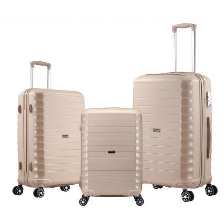 Carry On Suitcase Travel Luggage Hard Set 3 PCS PP Lightweight Rolling Aluminium Trolley Spinner Wheels TSA Lock Double Zipper Champagne