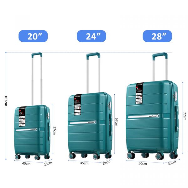 Carry On Luggage Set PP Travel Suitcase 3 PCS Hard Lightweight Rolling Aluminium Trolley Spinner Wheels TSA Lock Double Zipper Glossy Dark Green