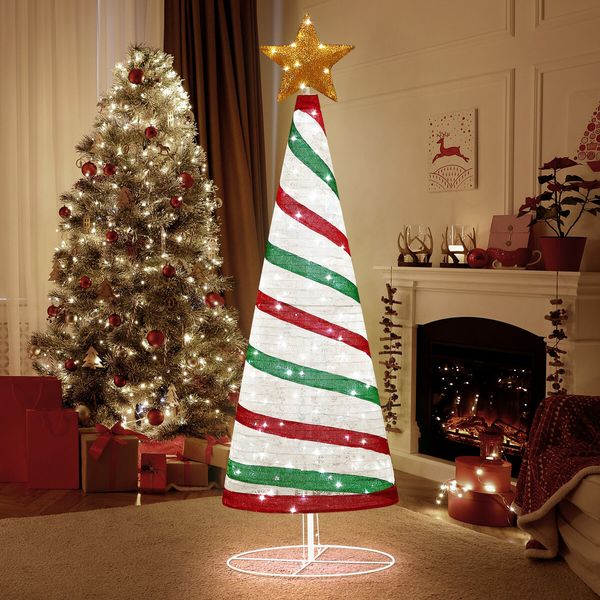 180cm Ribbon Christmas Tree Light Decoration LED Strip Ornaments Xmas Home Outdoor Display Folding Star Topper 8 Flickering Effects