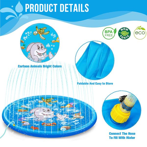 Water Play Mat Toy Sprinkler Pool Beach Dog Game Centre Splash Spray Pad Outdoor Lawn Garden Backyard 170cm for Children Pets