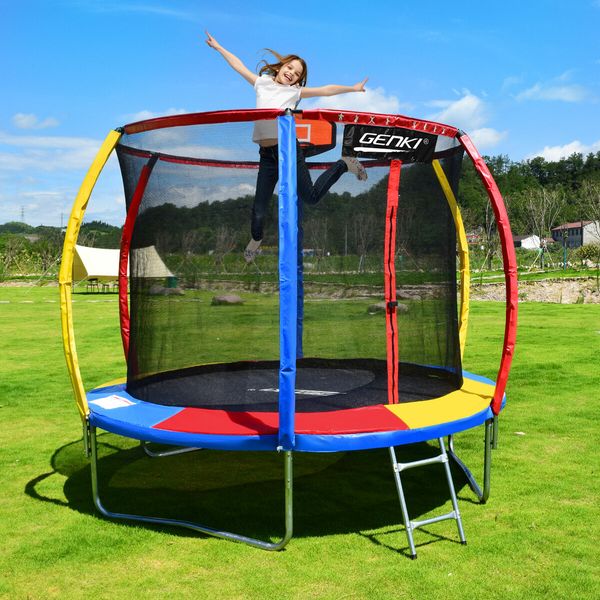 Genki 8ft Trampoline Kids Rebounder Bounce Jumping Round With Enclosure Basketball Hoop Ladder Indoor Outdoor