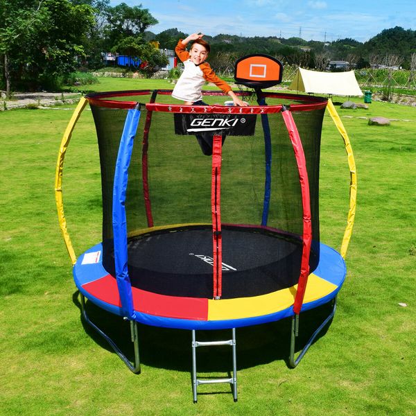 Genki 8ft Trampoline Kids Rebounder Bounce Jumping Round With Enclosure Basketball Hoop Ladder Indoor Outdoor