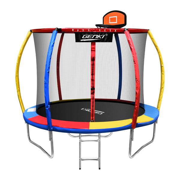 Genki 8ft Trampoline Kids Rebounder Bounce Jumping Round With Enclosure Basketball Hoop Ladder Indoor Outdoor