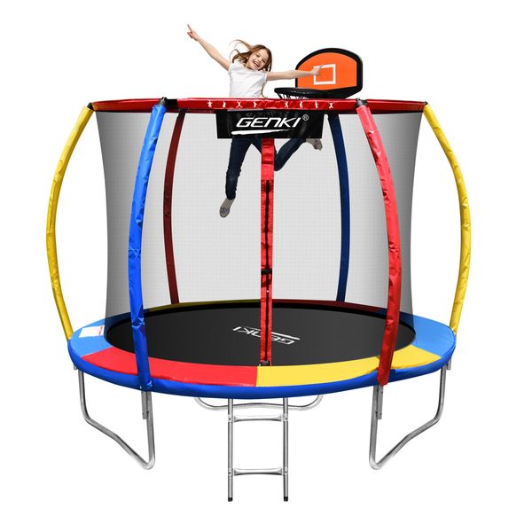 Genki 8ft Trampoline Kids Rebounder Bounce Jumping Round With Enclosure Basketball Hoop Ladder Indoor Outdoor