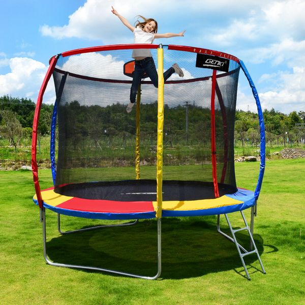 Genki 10ft Trampoline Kids Rebounder Jumping Bounce with Basketball Hoop Ladder Enclosure Indoor Outdoor Round