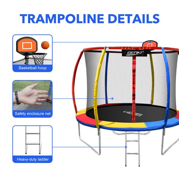 Genki 10ft Trampoline Kids Rebounder Jumping Bounce with Basketball Hoop Ladder Enclosure Indoor Outdoor Round