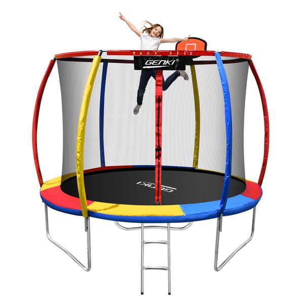 Genki 10ft Trampoline Kids Rebounder Jumping Bounce with Basketball Hoop Ladder Enclosure Indoor Outdoor Round