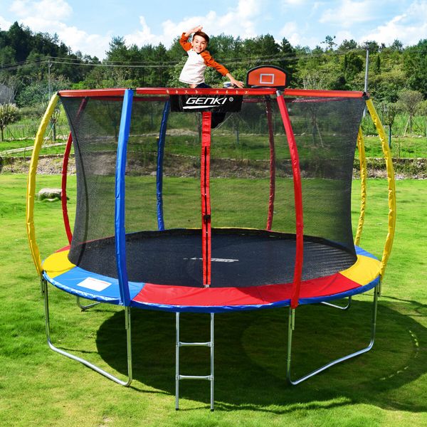 Genki 12ft Trampoline Kids Jumping Bounce Rebounder with Basketball Hoop Ladder Enclosure Indoor Outdoor Round