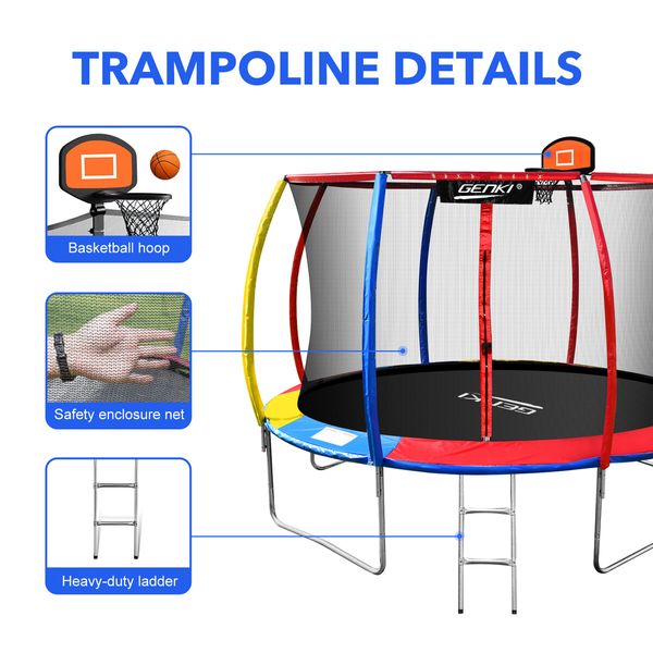 Genki 12ft Trampoline Kids Jumping Bounce Rebounder with Basketball Hoop Ladder Enclosure Indoor Outdoor Round