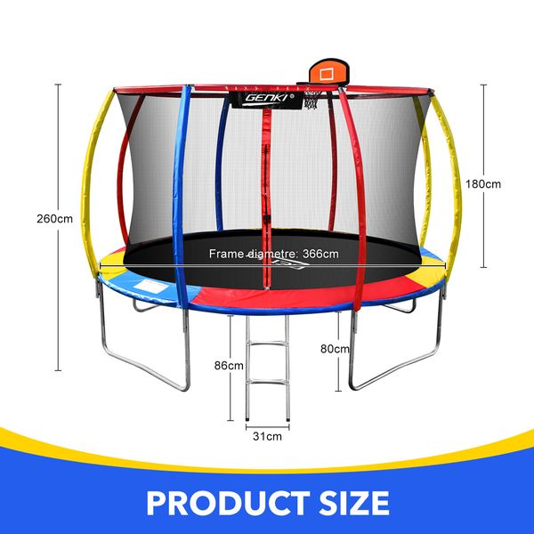 Genki 12ft Trampoline Kids Jumping Bounce Rebounder with Basketball Hoop Ladder Enclosure Indoor Outdoor Round