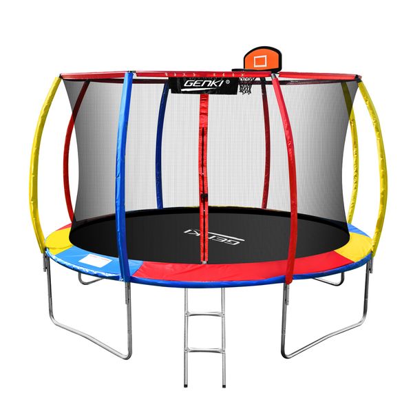 Genki 12ft Trampoline Kids Jumping Bounce Rebounder with Basketball Hoop Ladder Enclosure Indoor Outdoor Round