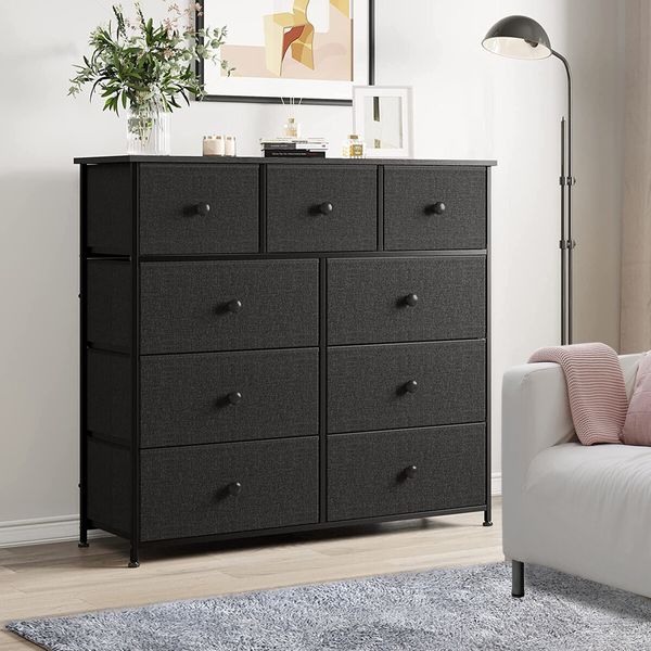 Wide Chest of 9 Drawers Tall Dresser Tallboy Black Console Table Bedroom Closet Organizer Storage Tower Unit Fabric Wood Top