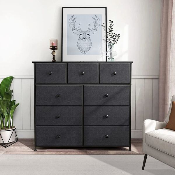 Wide Chest of 9 Drawers Tall Dresser Tallboy Black Console Table Bedroom Closet Organizer Storage Tower Unit Fabric Wood Top