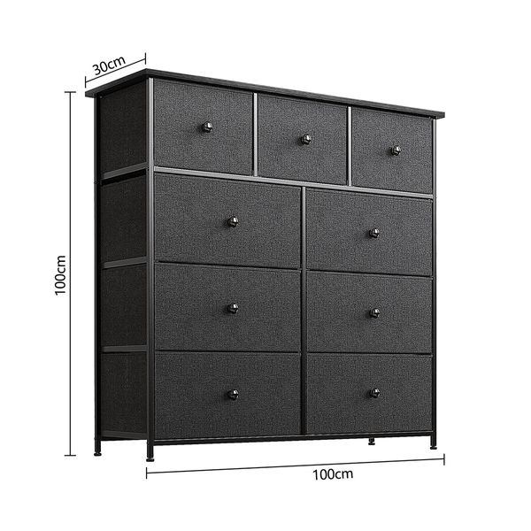 Wide Chest of 9 Drawers Tall Dresser Tallboy Black Console Table Bedroom Closet Organizer Storage Tower Unit Fabric Wood Top