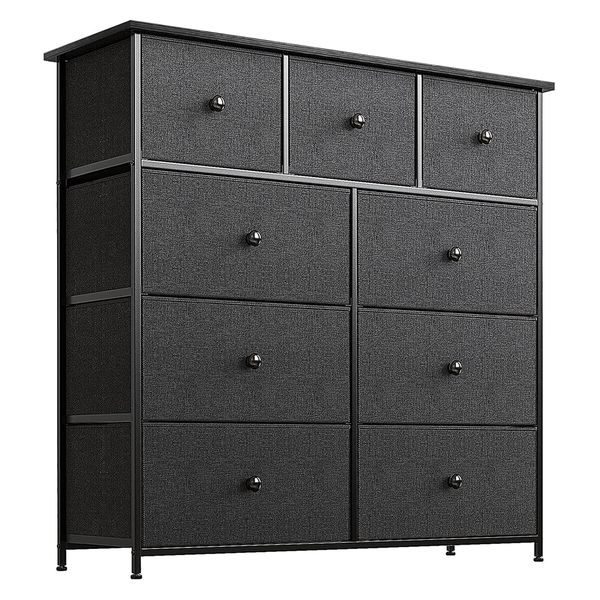 Wide Chest of 9 Drawers Tall Dresser Tallboy Black Console Table Bedroom Closet Organizer Storage Tower Unit Fabric Wood Top