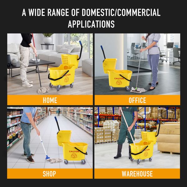 Commercial Mop Bucket Wringer Side Press Home Cleaning Cart Squeezer Combo Hotel All-In-One Heavy-Duty Wheels Yellow 32L