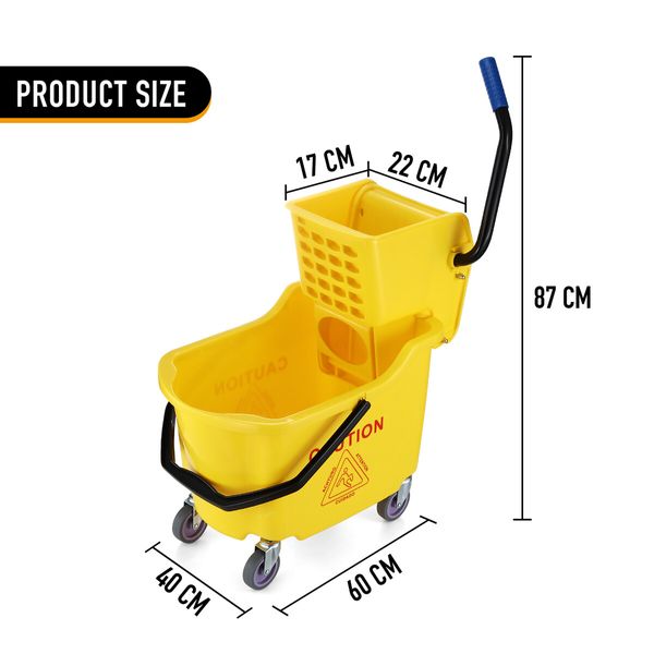 Commercial Mop Bucket Wringer Side Press Home Cleaning Cart Squeezer Combo Hotel All-In-One Heavy-Duty Wheels Yellow 32L