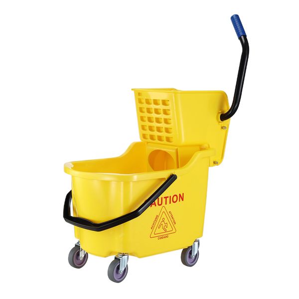 Commercial Mop Bucket Wringer Side Press Home Cleaning Cart Squeezer Combo Hotel All-In-One Heavy-Duty Wheels Yellow 32L